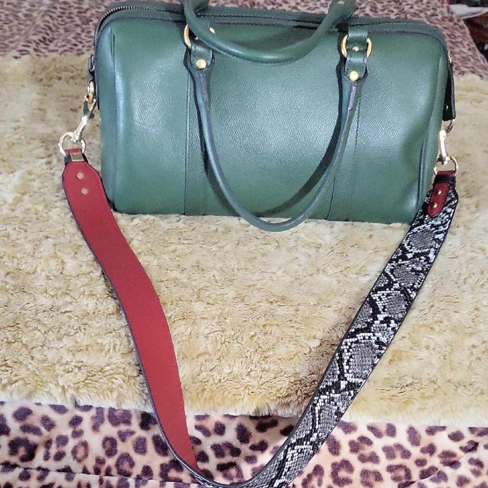 Green Leather Handbag with Red and Snake Print Strap